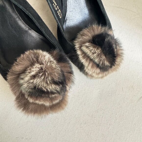 Suede Leather Fur Rosette Detail Peep toe Sling Back Heels 6.5 - Picture 11 of 11